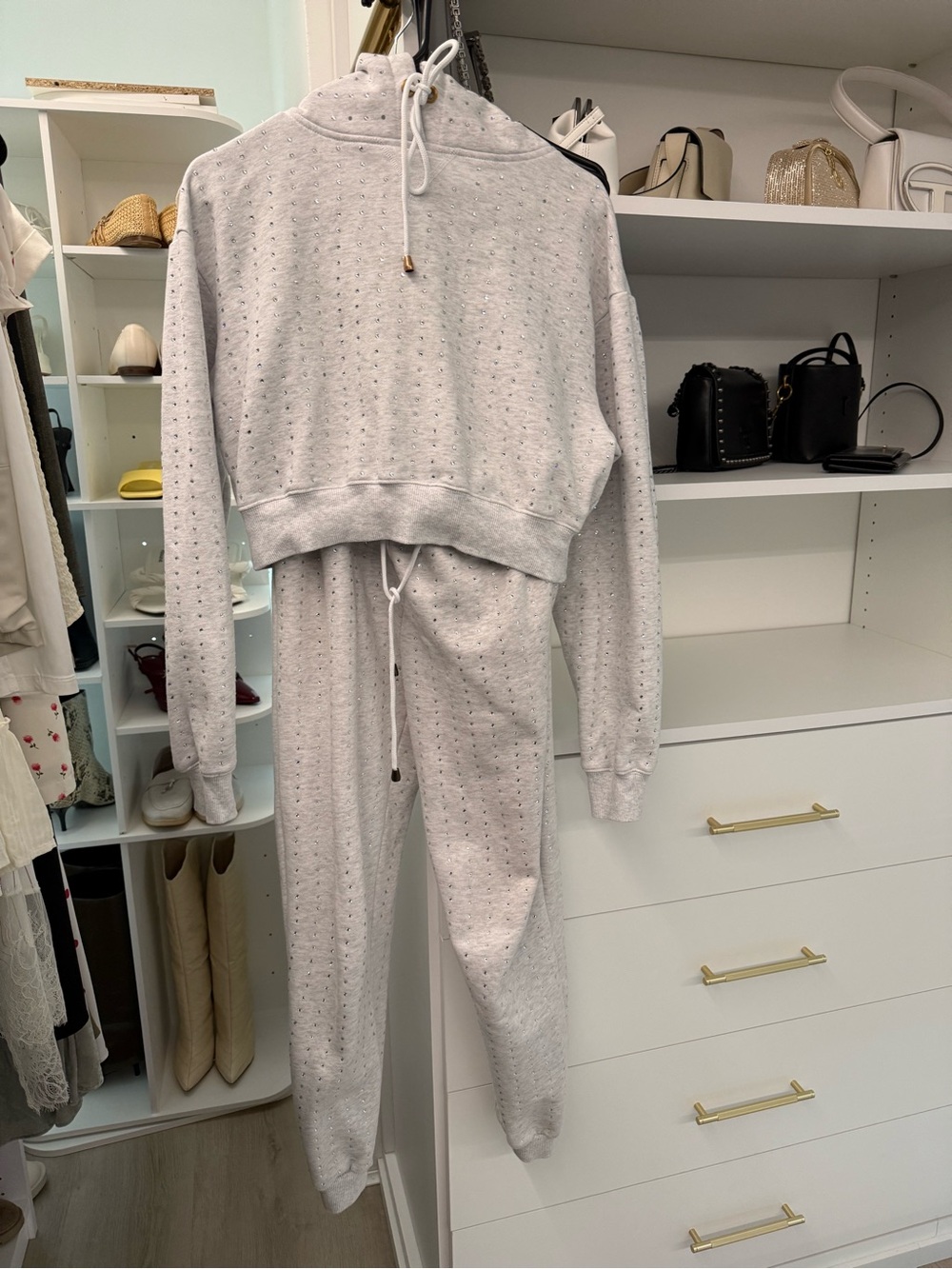 AKIRA Light Gray Eyelet Cropped Hoodie & Joggers Set